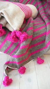 Gray with Pink stripes Moroccan Pompom Banket