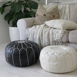 Black with white stripes Moroccan Leather Pouf