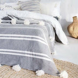 Gray Moroccan Blanket with White Pompoms