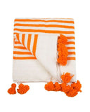 White Pompom Blanket with orange stripes