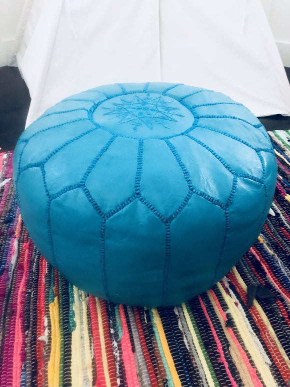 Turqoise Moroccan Leather Pouf