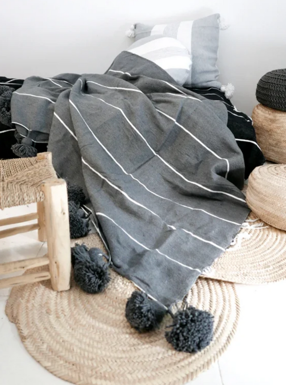 Gray with white stripes pompom Moroccan Blanket