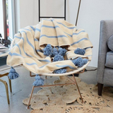 Ivory White with Blue stripes pompom Moroccan Blanket