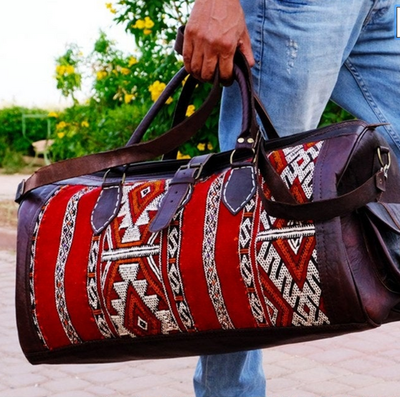 Unisex Brown Leather kilim Barrel Travel bag