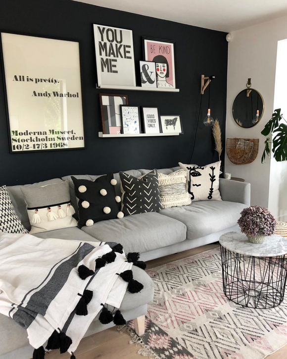 White with Black Pom Pom and one Big Black stripe at end Blanket