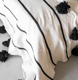 White & Black stripes Moroccan Pompom Blanket