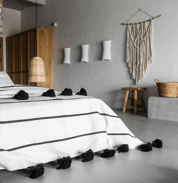 White & Black stripes Moroccan Pompom Blanket