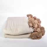 khaki Moroccan Blanket with Brown pompoms