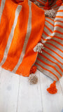 Orange  Pompom Blanket with gray stripes