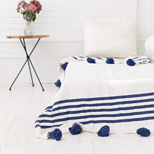 White and Blue Stripes Moroccan Blanket