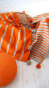 Gray Pompom Blanket with Orange stripes