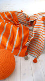 Gray Pompom Blanket with Orange stripes