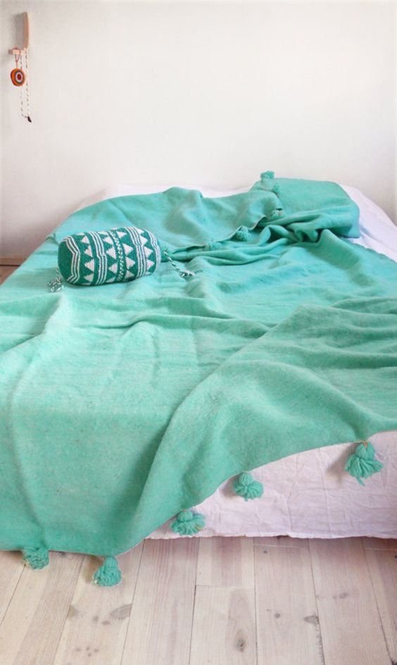 Turquoise Moroccan Pom Pom Blanket