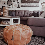 Tan Brown Moroccan Leather Pouf with TASSELS & POMPOMS