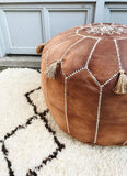 Tan Brown Moroccan Leather Pouf with TASSELS & POMPOMS