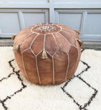 Tan Brown Moroccan Leather Pouf with TASSELS & POMPOMS