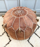 Tan Brown Moroccan Leather Pouf with TASSELS & POMPOMS