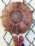 Tan Brown Moroccan Leather Pouf with TASSELS & POMPOMS