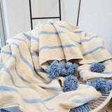 Ivory White with Blue stripes pompom Moroccan Blanket