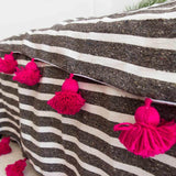 White with Black stripes and Pink Pompom Moroccan Blanket