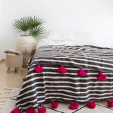White with Black stripes and Pink Pompom Moroccan Blanket