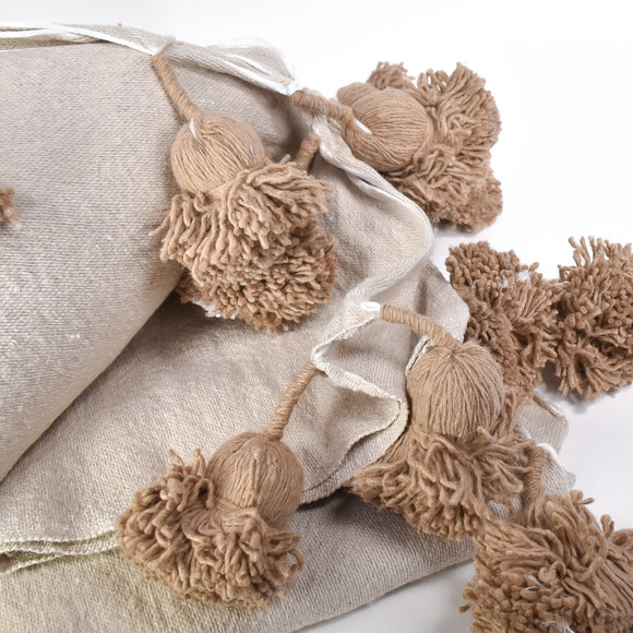 khaki Moroccan Blanket with Brown pompoms
