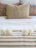 White and Brown stripes Moroccan Pompom Blanket