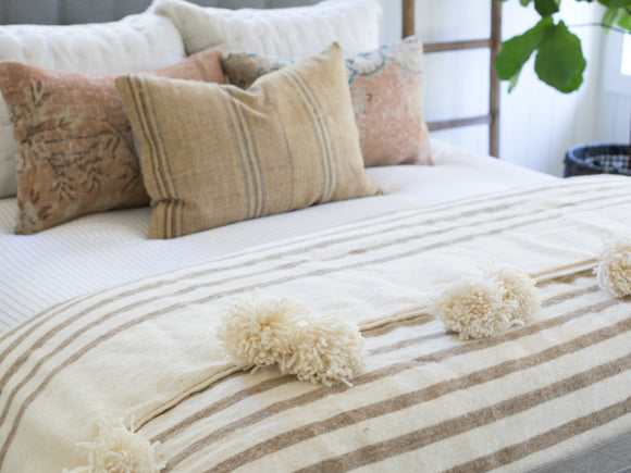 White and Brown stripes Moroccan Pompom Blanket