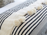 White with black stripes and White pompom Moroccan Blanket