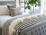 White with black stripes and White pompom Moroccan Blanket