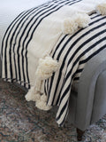 White with black stripes and White pompom Moroccan Blanket