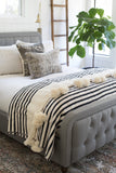 White with black stripes and White pompom Moroccan Blanket